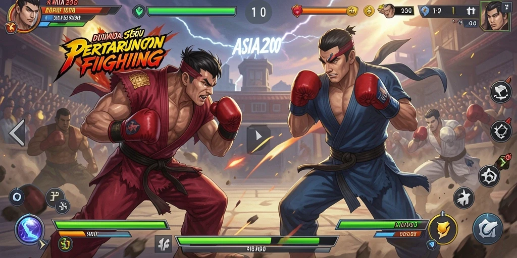 Tampilan gameplay ASIA200 yang penuh aksi dalam pertarungan Fighting.