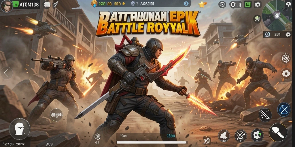 Screenshot gameplay seru dalam ATOM138, pertarungan Battle Royale intens.