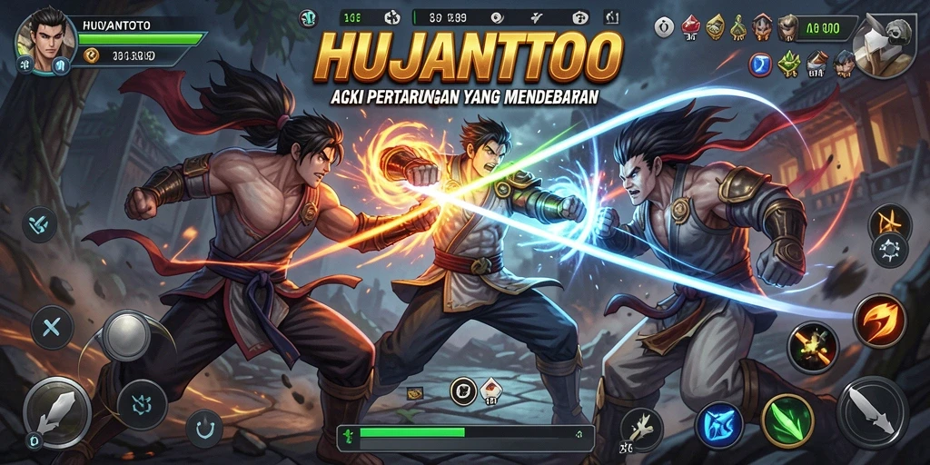 Screenshot HUJANTOTO menampilkan pertarungan seru antar karakter.
