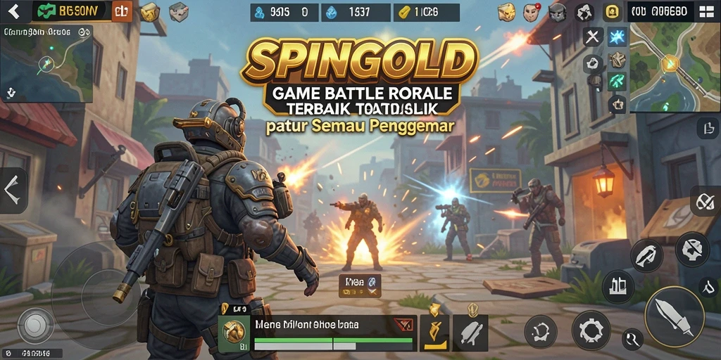 Screenshot gameplay SPINGOLD yang menunjukkan aksi seru dalam pertempuran Battle Royale.
