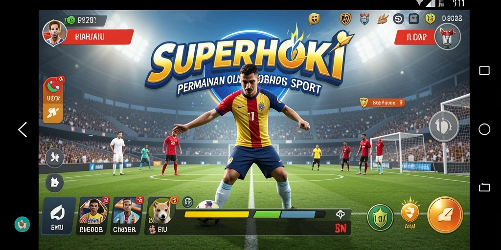 Screenshot utama SUPERHOKI menunjukkan aksi seru dalam permainan olahraga.
